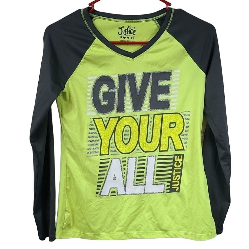 Justice Girls 12 Neon GIVE YOUR ALL Sporty Raglan Athletic Jersey Glitter Shirt